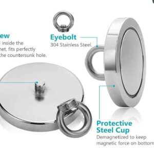 1763LBS Pulling Force(800KG) Powerful Round Neodymium Magnet with Countersunk Hole and Eyebolt, 5.35" Diameter, Great for Salvage or Magnetic Fishing