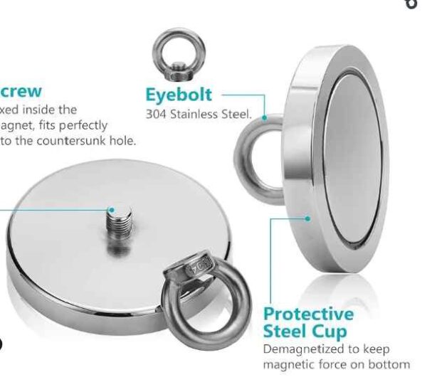 1763LBS Pulling Force(800KG) Powerful Round Neodymium Magnet with Countersunk Hole and Eyebolt, 5.35" Diameter, Great for Salvage or Magnetic Fishing - Image 2